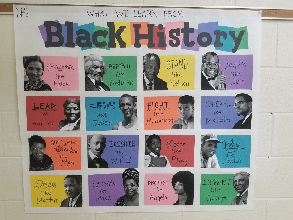Black History Bulletin Boards – Learn From Black History A rainbow colored bulletin board says Black History across the top. It has photos of different people with what can be learned from each emblazoned on them.