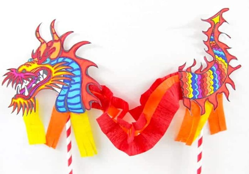 Lunar New Year: Dragon Puppet Paper Chinese dragon puppet made with crepe paper and straws