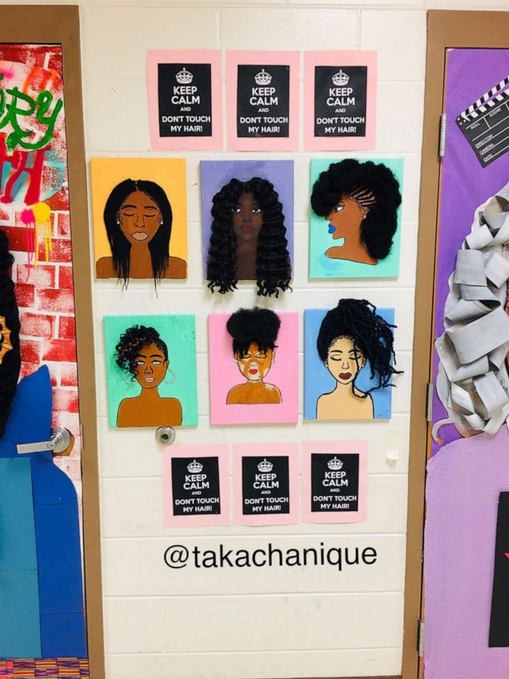 Black History Bulletin Board – Don’t Touch My Hair Six different art pieces have been shown showing different hair textures and shades of skin.