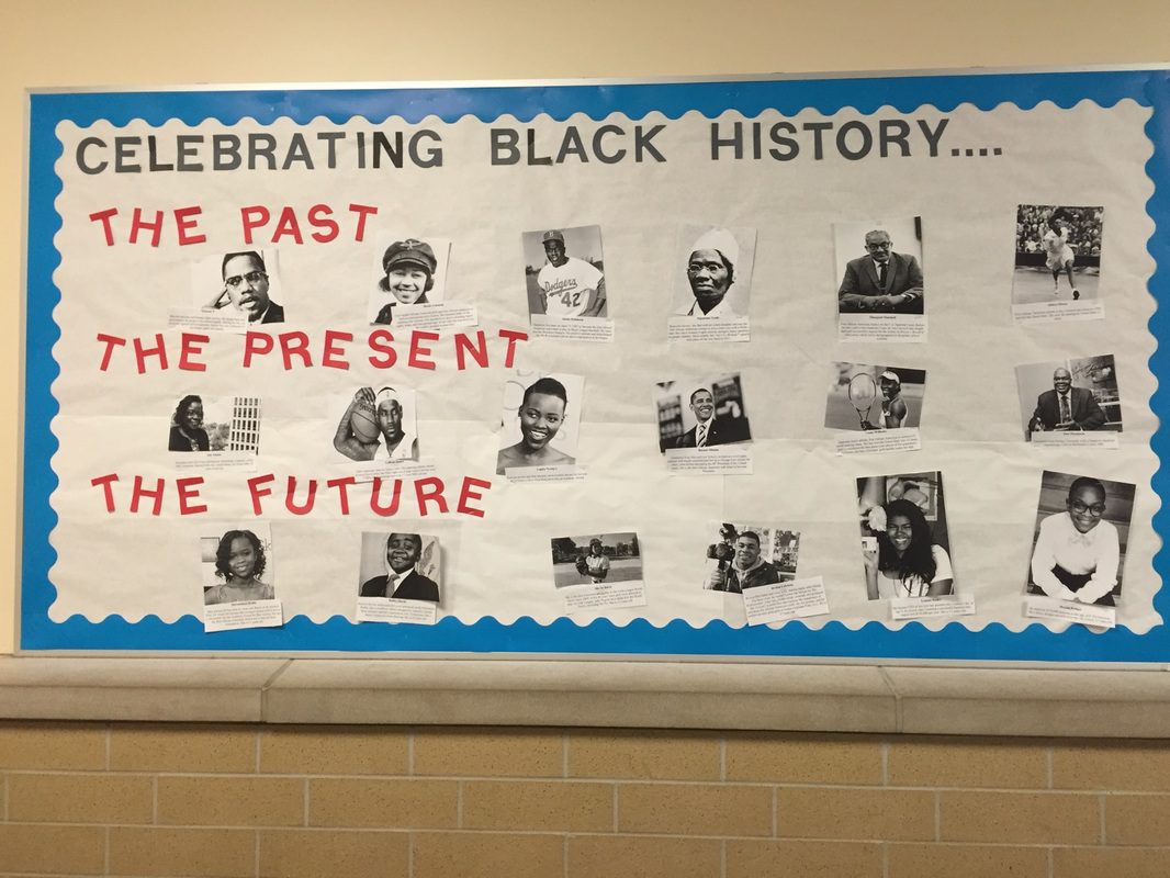Black History Month Bulletin Board – Photos Text on the top in black reads Celebrating Black History. Red text says The Past with photos then The Present with photos, then the Future with more photos.