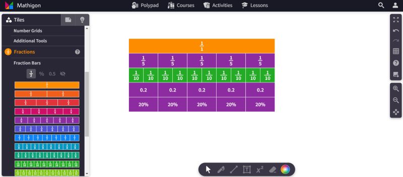 Polypad Fraction Bars Virtual fraction bars math manipulatives showing the correspondence of several fractions, decimals, and percentages
