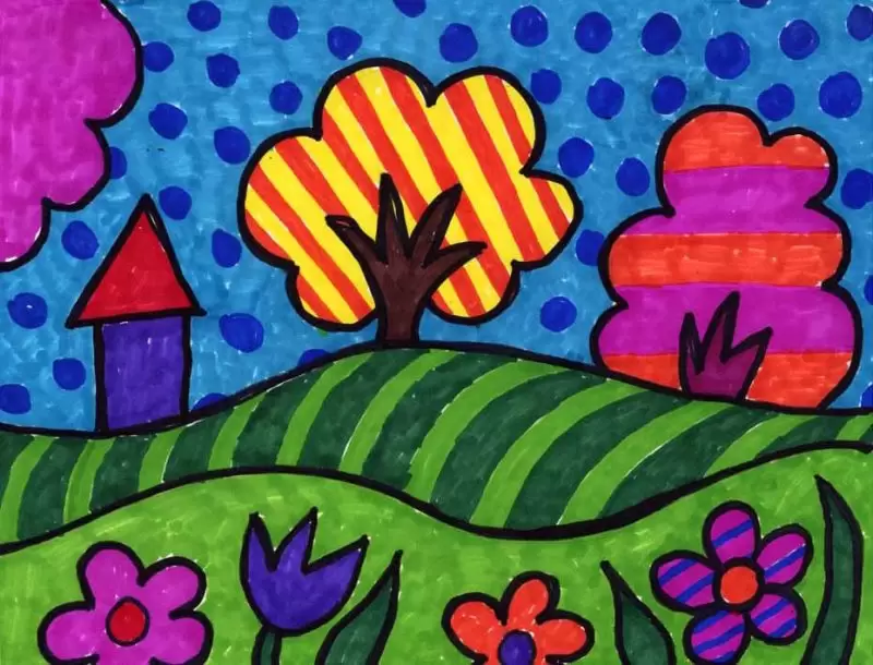 Pop Art Landscape A colorful landscape is filled with bright colors and patterns.