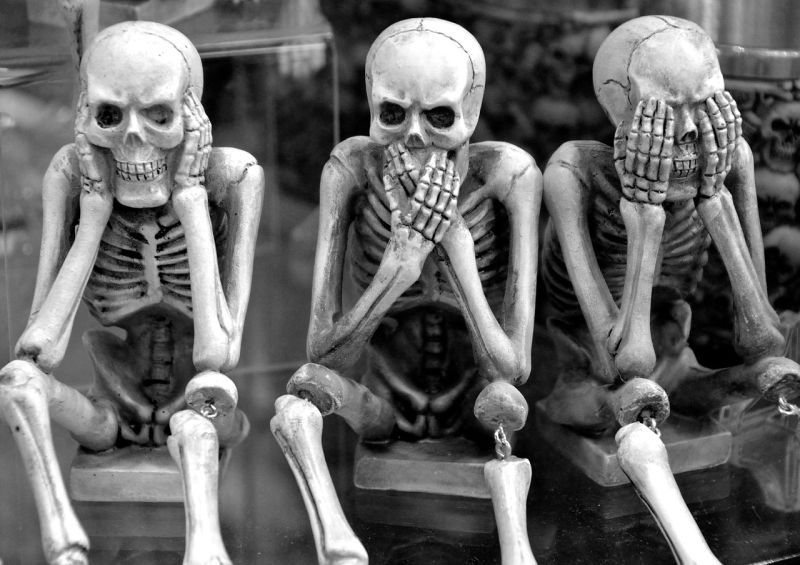 Picture Prompts: Posed Skeletons Three skeletons posed in the classic
