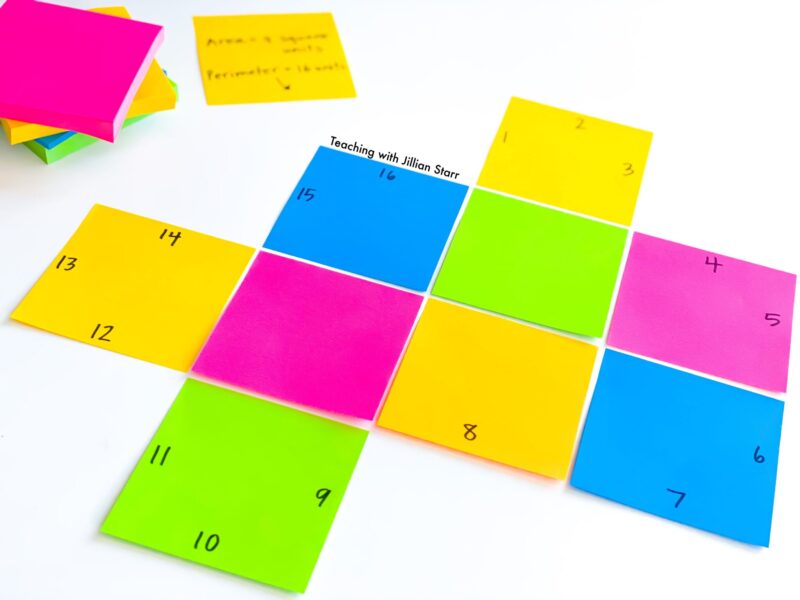 post-it-area-and-perimeter use sticky notes to create shapes to calculate area and perimeter