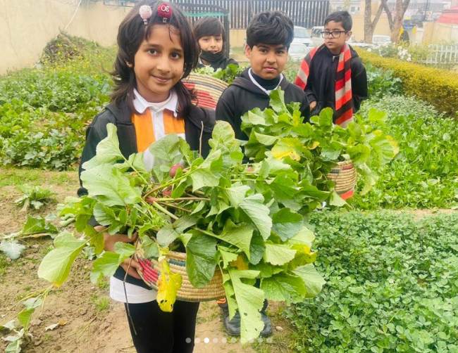 Project Based Learning Ideas: Garden Children holding produce standing in a garden they've grown themselves