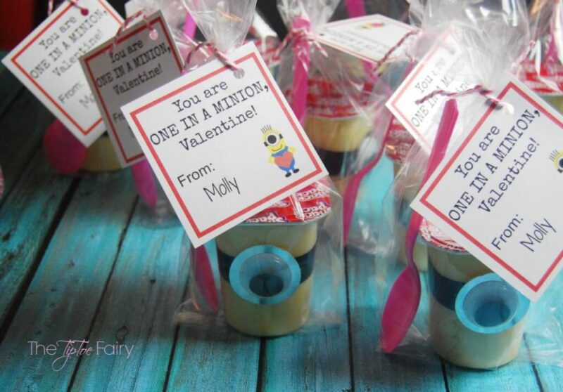 pudding-cup-valentine A valentine made from pudding cups dressed up as minions