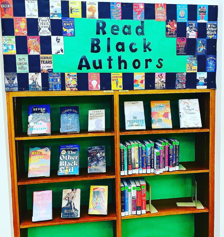 Black History Month Bulletin Board – Read Black Authors Black History Month bulletin board ideas include this one that features pictures of book covers by Black authors above an actual bookshelf.