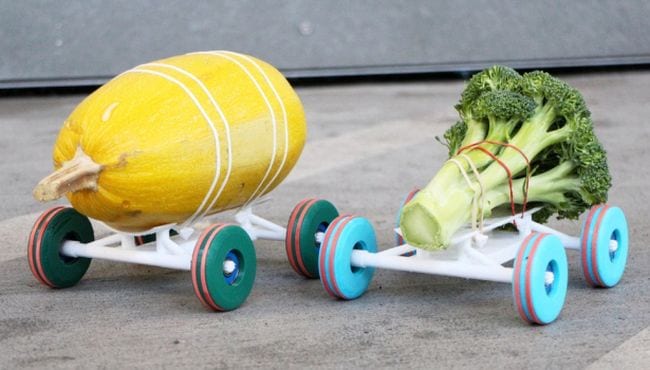 Science Experiments for High School 3D Cars Simple 3-D printed race cars with vegetables strapped to them (Science Experiments for High School)