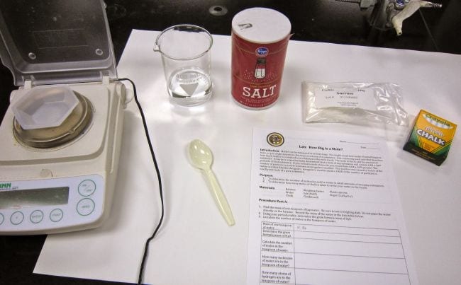 Science Experiments for High School Moles Supplies needed for mole experiment, included scale, salt, and chalk
