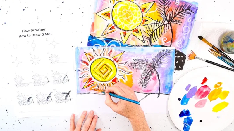 Directed Drawing Sun A hand is shown drawing a sun with a tree in the background.