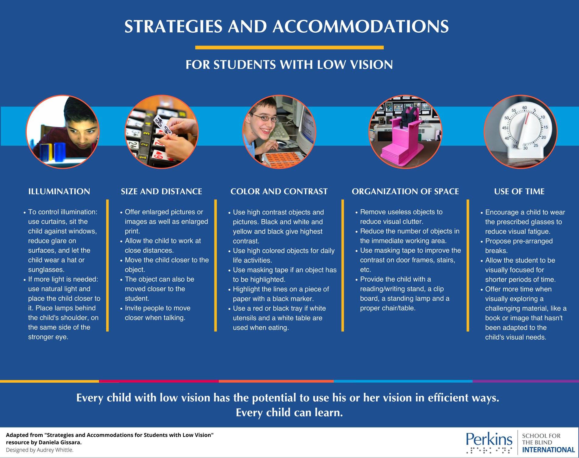 Teaching Blind Students: Teaching Tips for Students With Low Vision Infographic, white text on blue background: