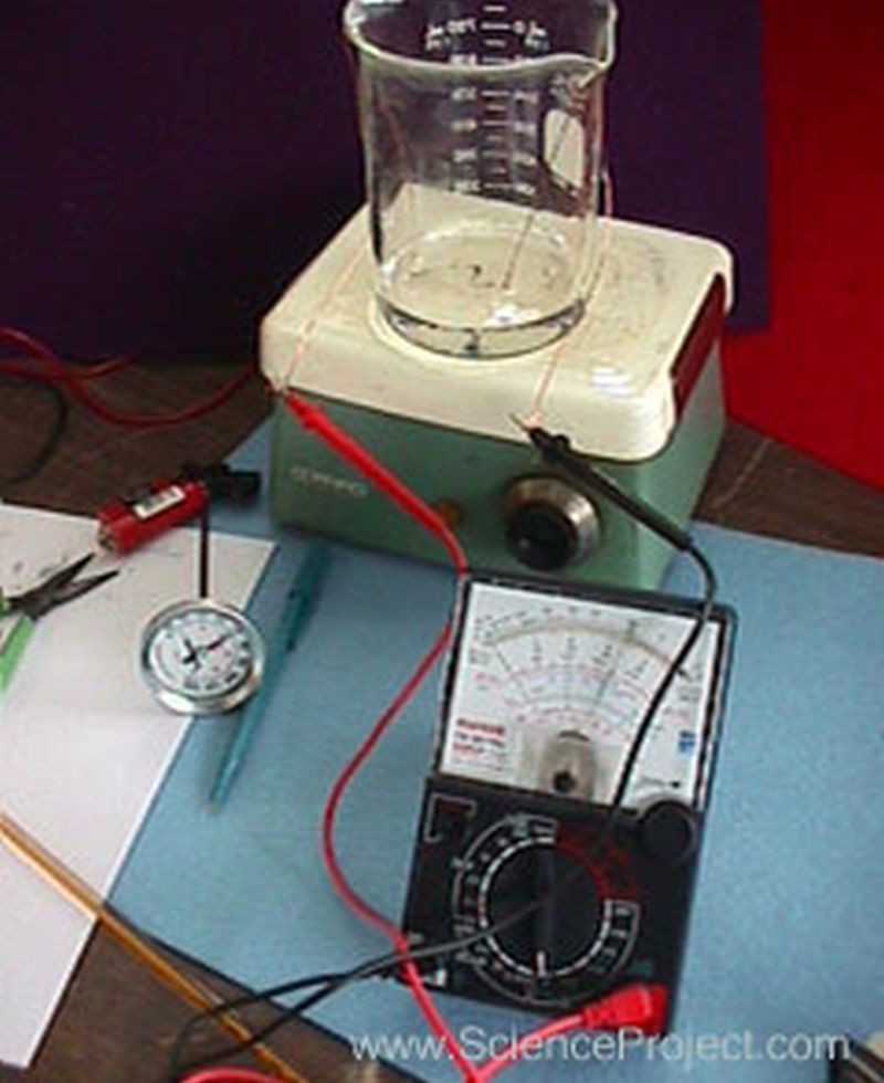 Temperature and Resistance Project A beaker with a tungsten rod, connected to a multimeter