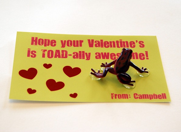 toad-valentine A valentine card with red sticker hearts and a plastic toad attached