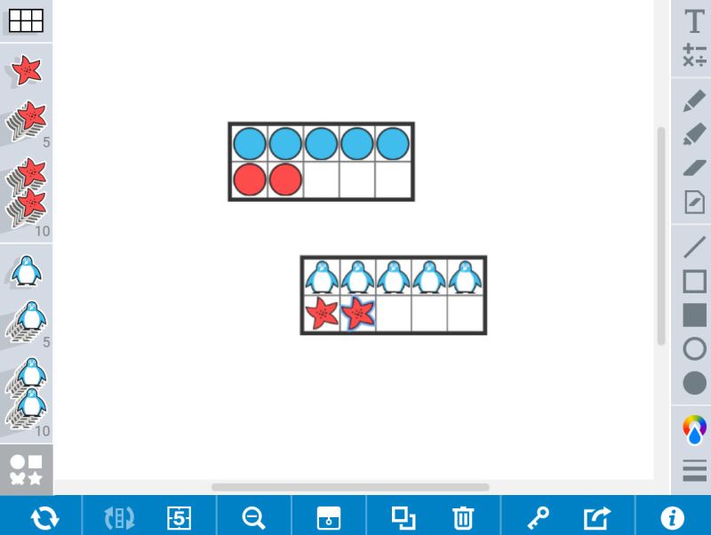Virtual Ten Frames Virtual ten frames with red and blue markers, some in the shapes of starfish and penguins