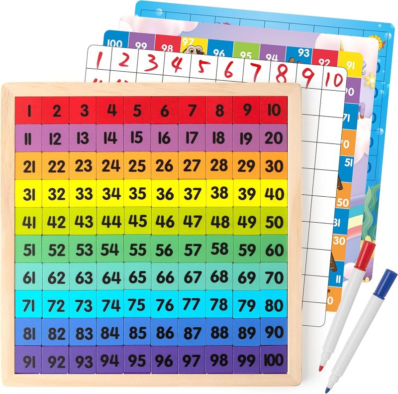Wooden Hundreds Chart Wooden hundreds chart with colorful tiles, along with several dry erase hundreds charts