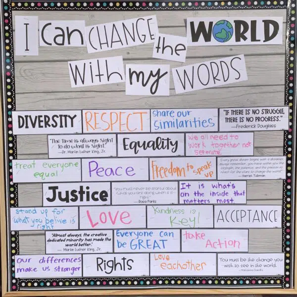 Black History Month Bulletin Board – Words A bulletin board reads I can change the world with my words and has words like diversity and justice on it as well as quotes from famous Black Americans (black history month bulletin board)