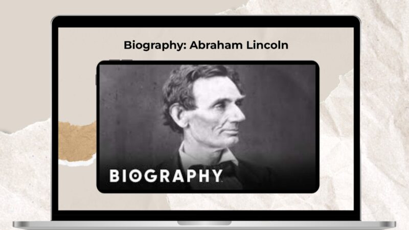 Biography of Lincoln Video Tablet with Lincoln biography video on screen.