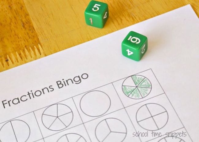 fraction-bingo A fraction worksheet with a pair of green dice on top
