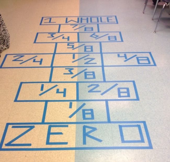 hopscotch-fractions A hopscotch grid labeled with fractions in each square as an example of fraction games and activities