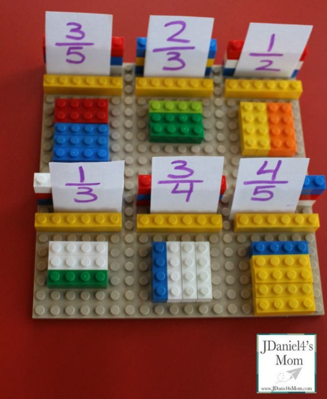 lego-fraction-games A LEGO board with legos laids out like fractions with the numerical faction written on paper strips attached