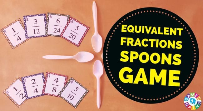 fraction-spoons Image of equivalent fractions spoons game with 4 cards above a plastic spoon with 4 cards below