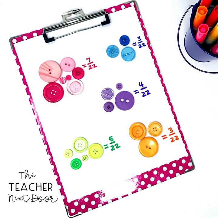 button-fractions A clipboard with buttons divided into groups for a fraction lesson