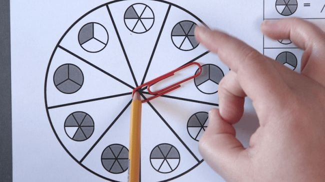 fraction-spinners A child's hand is poised above a printed spinner with a paper clip at the center