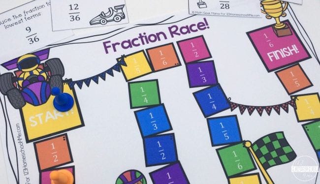 fraction-race A fraction race gameboard with colorful squares