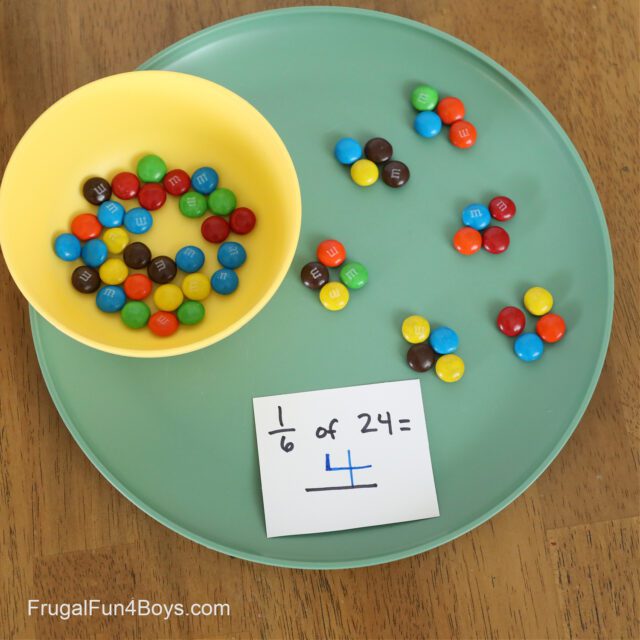 m-and-m-fractions a yellow bowl of M&Ms on a green plate
