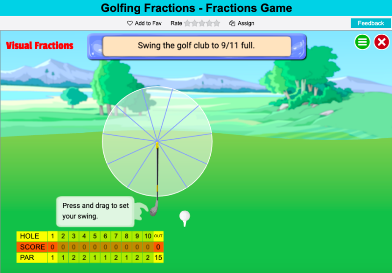 golfing-fractions Main screen image of online fraction game Golfing Fractions