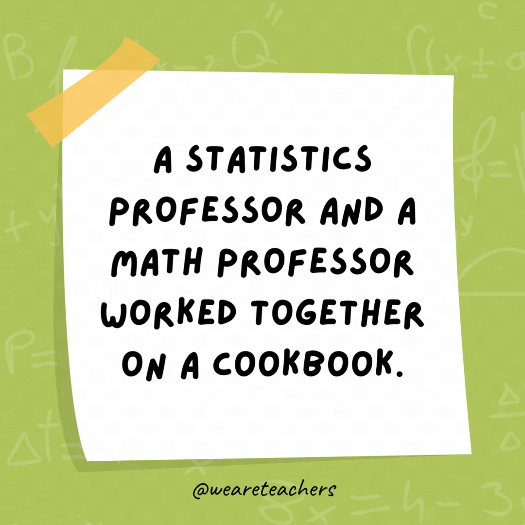 A statistics professor and a math professor worked together on a cookbook. They called it “Pi a la Mode.”*** A statistics professor and a math professor worked together on a cookbook.
They called it “Pi a la Mode.”***
