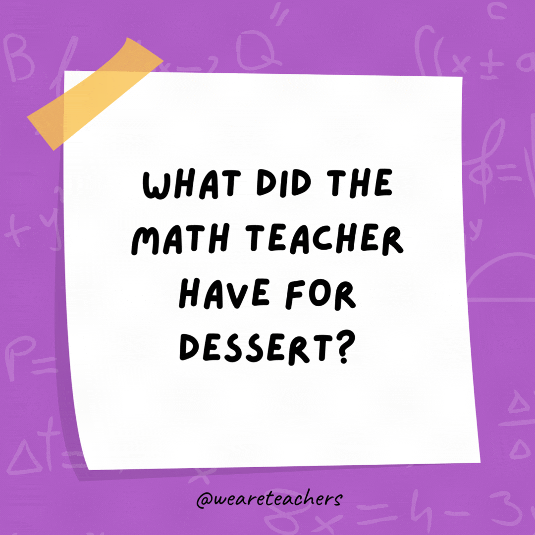 What did the math teacher have for dessert? Chocolate pi. What did the math teacher have for dessert?
Chocolate pi.