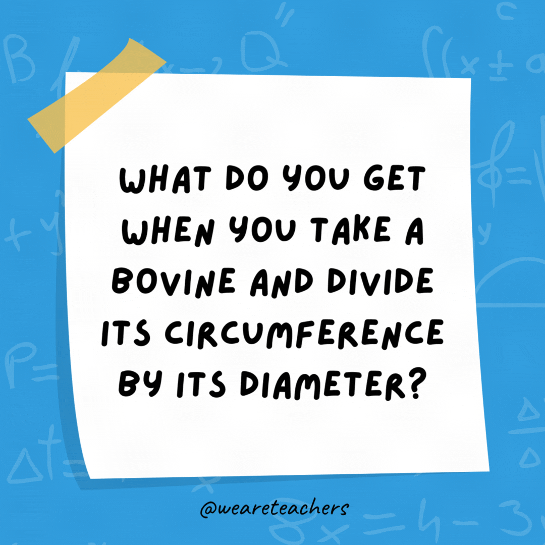 What do you get when you take a bovine and divide its circumference by its diameter? A cow pi. What do you get when you take a bovine and divide its circumference by its diameter?
A cow pi.