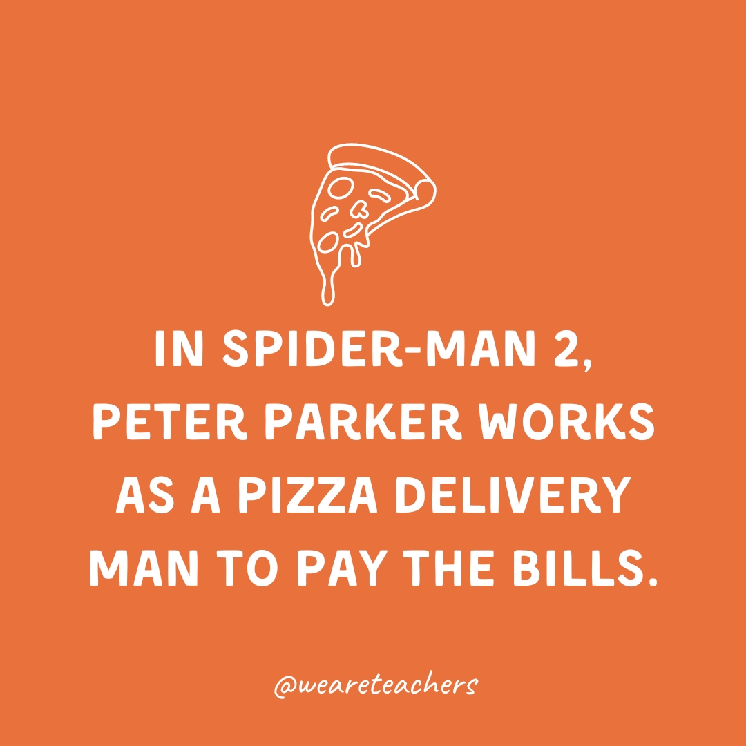 In Spider-Man 2, Peter Parker works as a pizza delivery man to pay the bills. In Spider-Man 2, Peter Parker works as a pizza delivery man to pay the bills.