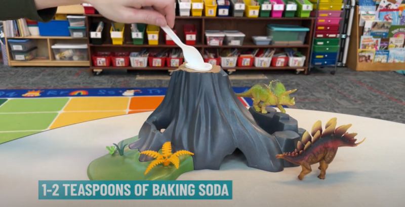 Volcano Step 2 This step of a baking soda volcano shows a hand placing baking soda into a cup at the top of a volcano using a plastic spoon. Text reads 1-2 teaspoons of baking soda.