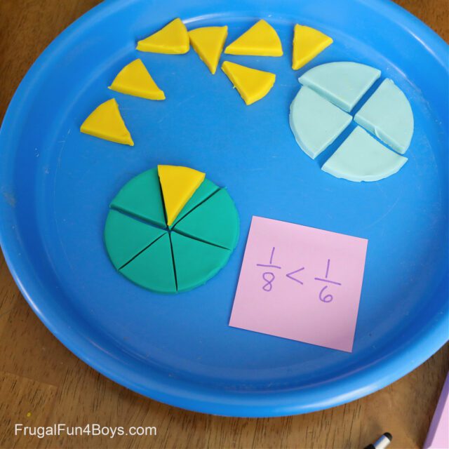 play-dough-fractions Playdough fractions on a colorful blue plate