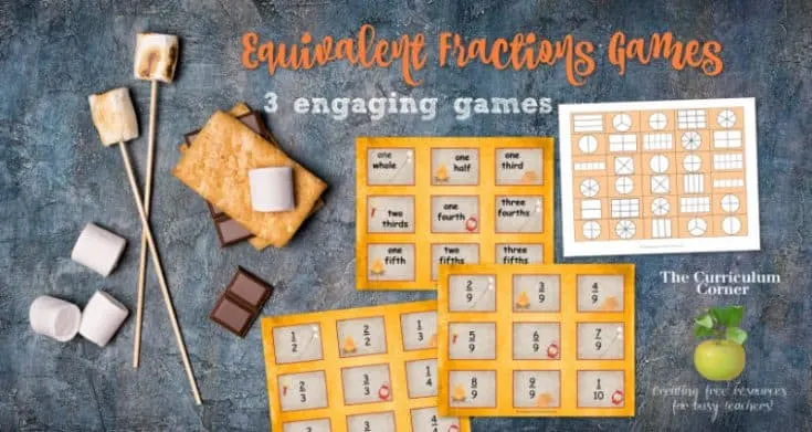 s’mores-fractions An equivalent fractions game worksheet with s'mores ingredients on a table
