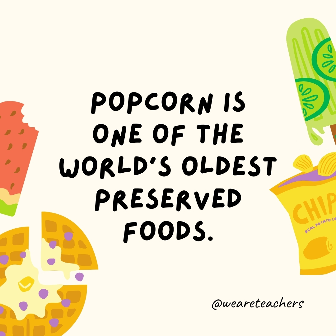 Popcorn is one of the world’s oldest preserved foods. This is one of the oldest fun food facts. Archaeologists discovered remnants of popcorn dating back to over 6,700 years ago. Popcorn is one of the world's oldest preserved foods. This is one of the oldest fun food facts. Archaeologists discovered remnants of popcorn dating back to over 6,700 years ago.- fun food facts