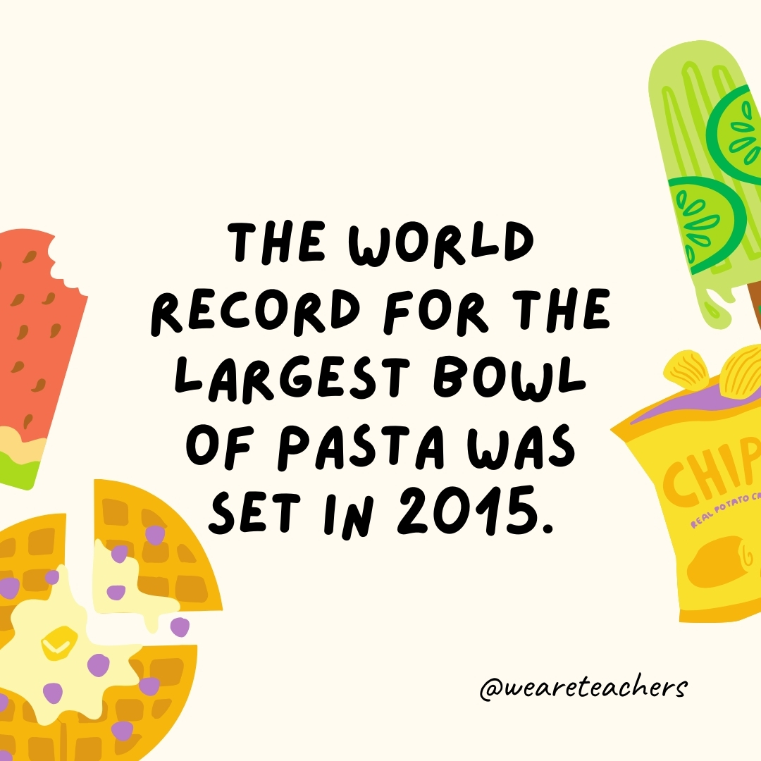 The world record for the largest bowl of pasta was set in 2015. The world record for the largest bowl of pasta was set in 2015.