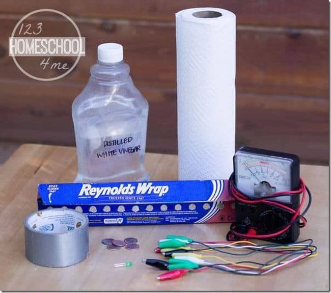 8th Grade Science Battery 124 Homeschool 4 Me Bottle of distilled white vinegar, paper towel, aluminum foil, duct tape, pennies, electrical wires, and voltmeter