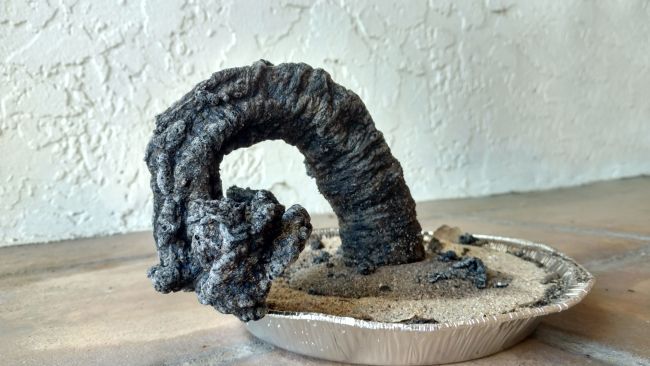 8th Grade Science Carbon Snake KiwiCo Tin pan of sand with large carbon snake growing out of it