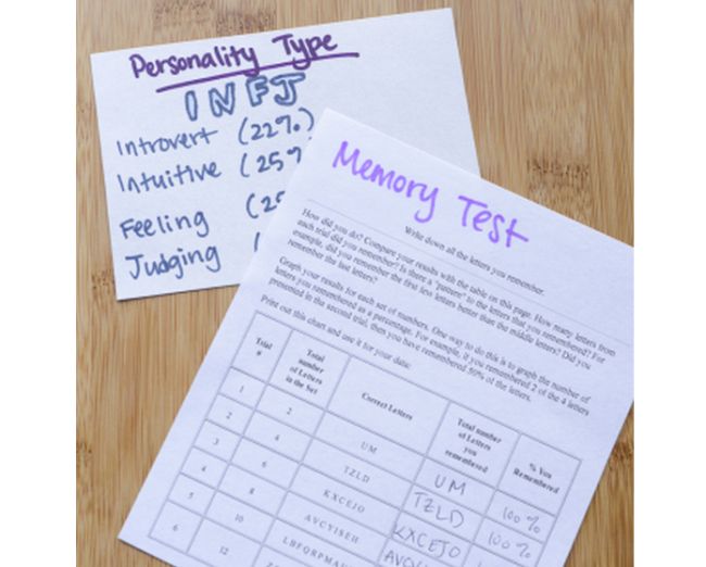 8th Grade Science Memory Educationcom Notecard labeled Personality Type INFJ and worksheet labeled Memory Tests