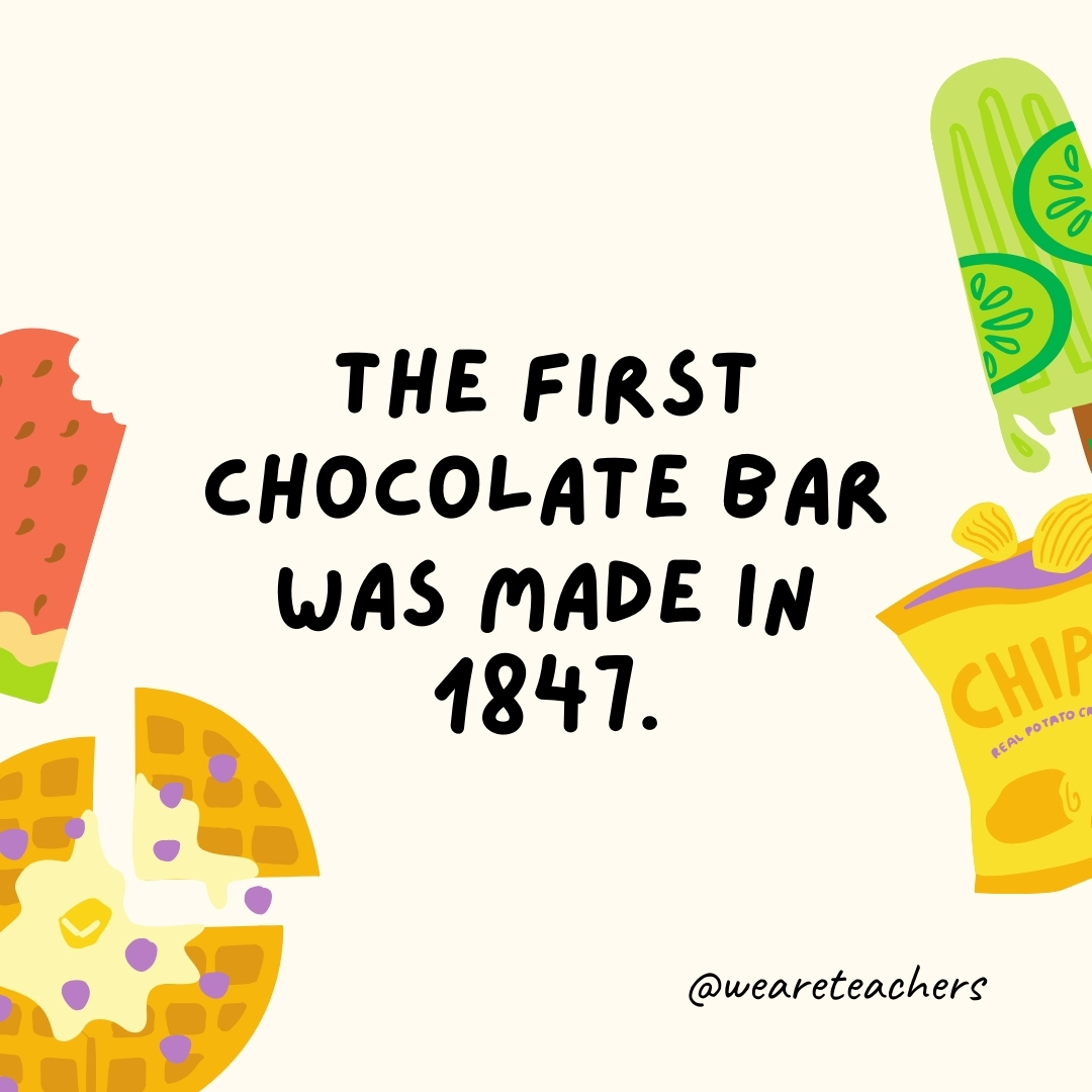 The first chocolate bar was made in 1847. The first chocolate bar was made in 1847.