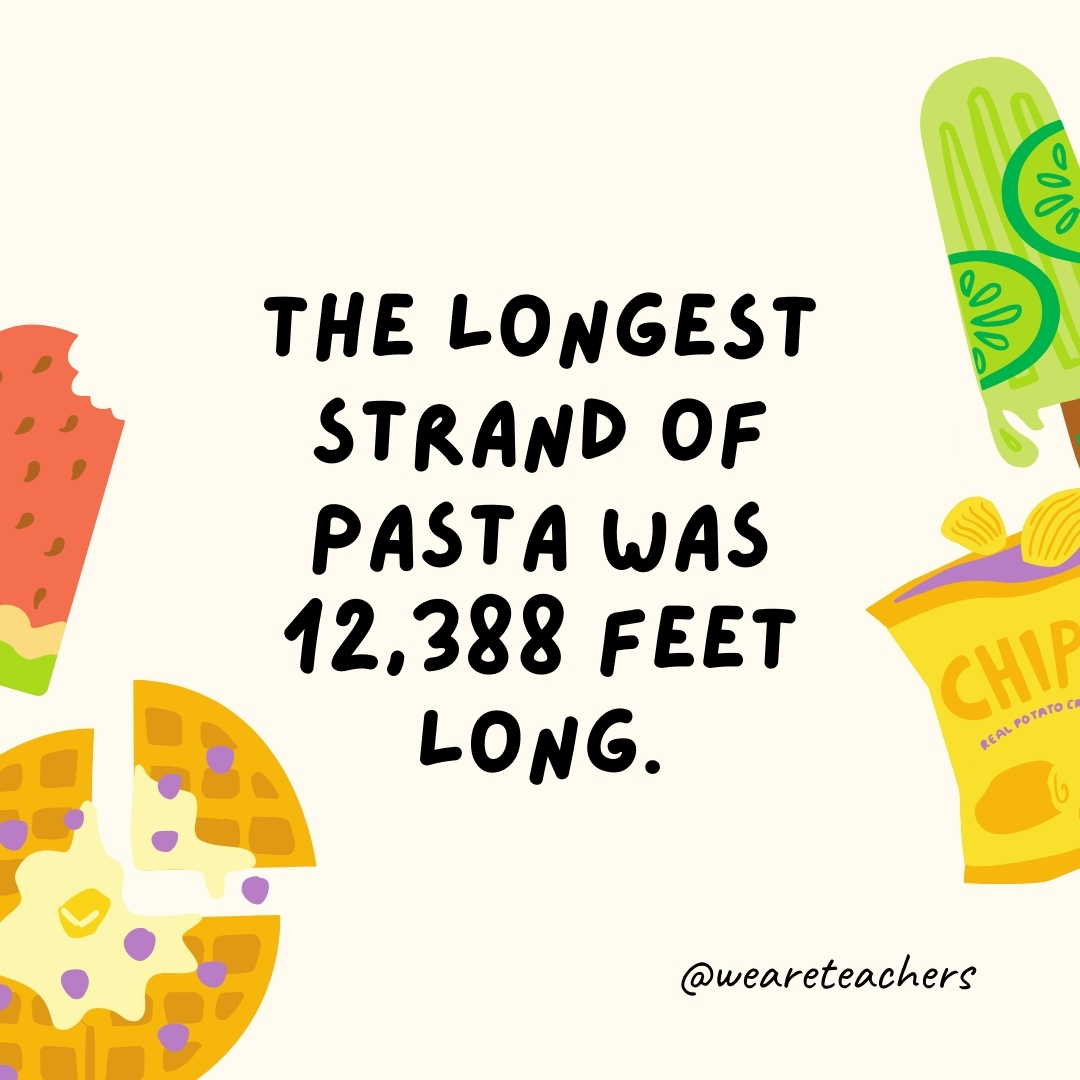The longest strand of pasta was 12,388 feet long. The longest strand of pasta was 12,388 feet long.- fun food facts