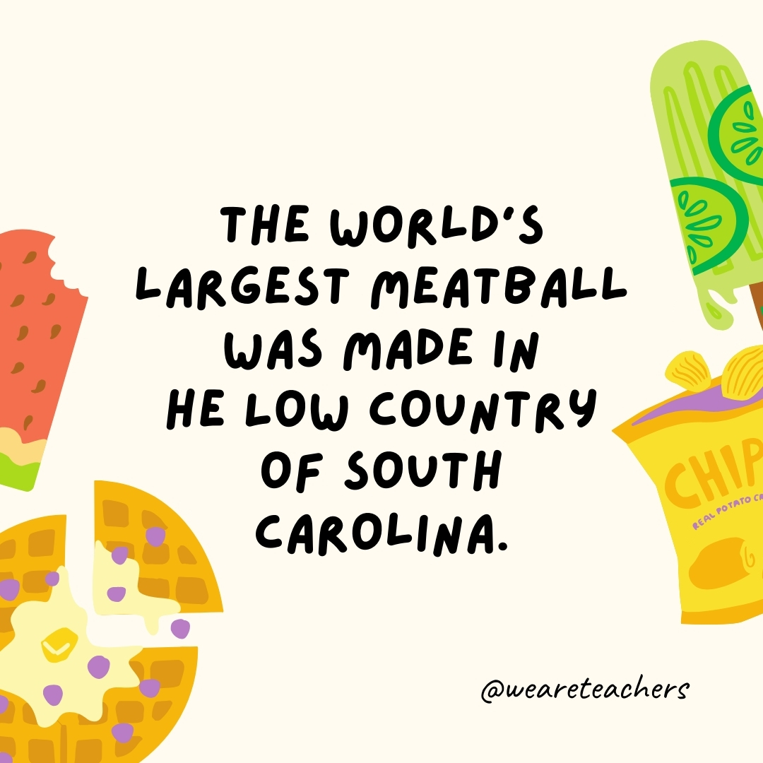 The world’s largest meatball was made in the Low Country of South Carolina. The world's largest meatball was made in the Low Country of South Carolina.- fun food facts