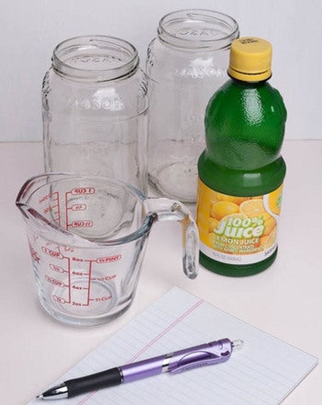Climate Change Activities Education com 2 Glass measuring cup, glass jars, and bottle of lemon juice (Climate Change Activities)