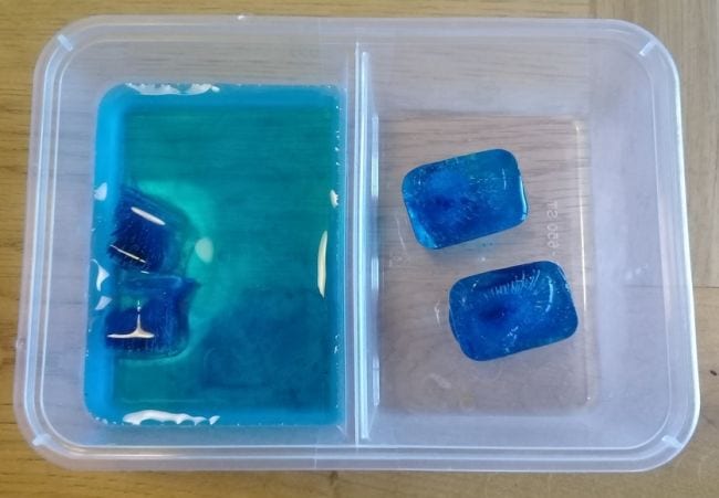 Climate Change Activities Science Learning Hub Blue ice cubes in a divided container, with the left side also containing water (Climate Change Activities)