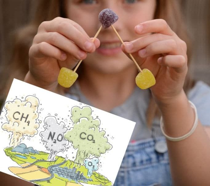 Climate Change Activities Science Sparks Student's hands holding a water vapor model made of toothpicks and gumdrops (Climate Change)