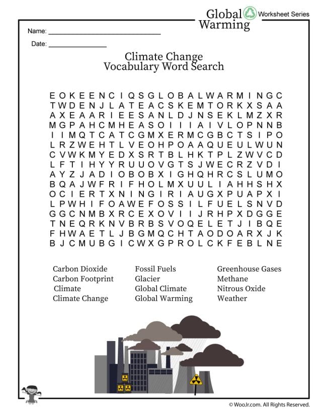 Climate Change Activities Woo Jr1 Printable word search with climate change terms for the classroom