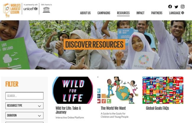 Climate Change Activities Worlds Largest Lesson Screen shot of the World's Largest Lesson resources page (Climate Change Activities)